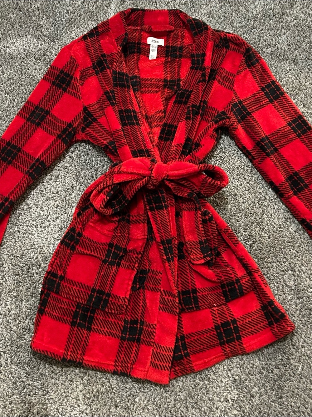 PINK Victoria's Secret Cozy Sherpa Red Robe M/L, Red & Black Plaid- 12